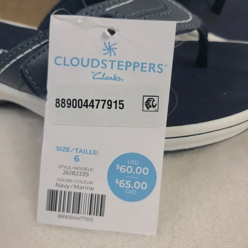 NEW Clarks Cloudsteppers Women's Navy Marine Thong Sandals Size 6 Cushioned Sole - Picture 2 of 7